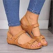 [DOIX] Women's Orthopedic Open Toe Sandals Premium Arch Support Summer Flat Leather Sandals Comfy Hook and Loop Closure Sport Sandal Casual Outdoor Walking Beach Shoes,Brown,US12/EU43