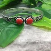 Red Coral Gemstone Adjustable Cuff Bangles 925 Silver Plated New Free Ship 5138