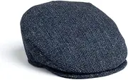 [Hanna Hats] for Men Donegal Tweed Vinatge Flat Cap - Driving Cap - Made in Ireland -100% Wool Tweed (Small, Classic Blue & Black Herringbone - Harris Scottish Tweed), Classic Blue & Black Herringbone -