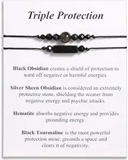 [QqzsJewls] Triple Protection Bracelets Negative Energy Blocker, Black Tourmaline and Obsidian Bracelets for Women Men, Gifts for Him Her