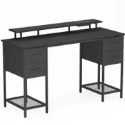 Advwin 137cm Black Computer Desk with LED Lights Power Outlets Gaming Desk