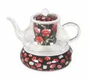 Poppies Glass Black Teapot w Porcelain Strainer&Base Fine Bone China Mother Gift