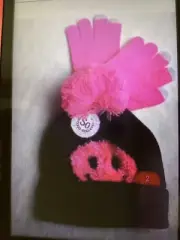 SO Girls Beanie and Gloves Set M/L Smiley Happy Face Black Pink NWT