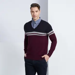 Pierre Cardin皮爾卡登 男款 羊毛混紡橫條襯衫領假兩件針織毛衣-酒紅色(5225474-28)