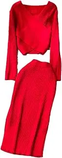 [keusyoi] Knit Two Piece Sets Women Winter Long Sleeve Irregular Pullover Casual Elastic Waist Long Skirt Sweater Suit