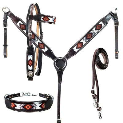 western Leather Equestrian Tooled Beaded Headstall,Breast Collar & Reins. (H058)
