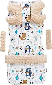 Medi Partners Seat Cover Pram Buggy Baby Summer Child Seat Insert Universal - 5-Piece Belt Pad + Play Arch Pram Set Baby Seat (Boho Animals with Beige Minky)