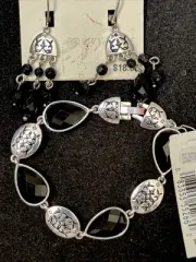 Napier Silver tone and Black Etched Abstract Bracelet and Earrings Set