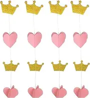 Bunting Flags 3D Golden Pink Heart-Shaped Crown Paper Garland Princess Birthday Bunting Balloon Tail Shower Decoration Paper Garland Bunting