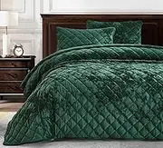 Chezmoi Collection Lux Forest Green Velvet Quilt Queen Set, 3-Piece Plush Distressed Velvet Bedding All Season Lightweight Comforter Brushed Microfiber Reverse with Diamond Stitch Quilting