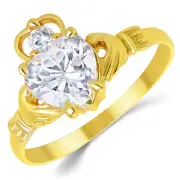 14K Yellow Gold White Heart Shape CZ Claddagh Ring 1 Ct. (Birthstones Available)