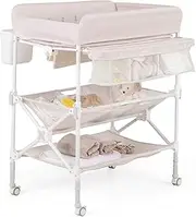 BABY JOY Portable Baby Changing Table w/ Wheels, Foldable Waterproof Diaper Changing Station w/ Adjustable Height, Large Storage Rack, Shelves & Trash Bin, Mobile Nursery Organizer for Newborn & Infant (Beige)