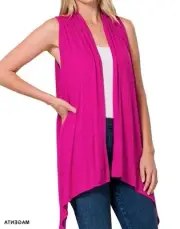 Zenana Sleeveless Draped Open Front Cardigan Magenta