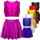 iiniim Kids Girls Shiny Metallic Crop Top Pleated Skirt Jazz Hip Hop Costumes