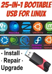 25-in-1, Bootable USB Drive for Linux Zorin, Mint, Kali, Ubuntu, Tails, Debian