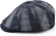 [Fidra Fashion Accessories] Fidra Unisex Stone Washed Denim 8 Panel Newsboy, Bakerboy Flat Cap, one Size Adjustable 58cm - 60cm