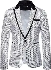[Generic] Men's Sequins Suit Jackets Shiny Sparkly One Button Blazer Glitter Clothes Party Tuxedo Wedding Prom Festival Costume, A-silver, Large