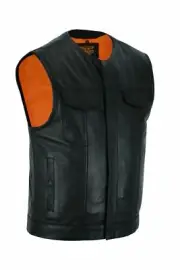 Men's Motorcycle Leather Vest w/ Snaps & Zipper Front Closure & Multiple Pockets