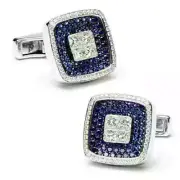 14K White Gold Plated 2.1Ct Round Lab Created Blue Sapphire Men Wedding Cufflink