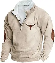 [JIEMUXIU] Men's Quarter Zip Sweater, Western Aztec Sweatshirt, Fleece Lining, Fashion Sweatshirt, Casual, Sporty, Retro Jumper, Khaki, Small