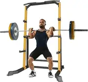 BestHFit Power Cage Squat Rack – Heavy Duty 1000LB Capacity Home Gym System with Adjustable Pull-Up Bar, Safety Spotter Arms & J-Hooks for Weight Lifting, Bench Press, Crossfit – Yellow​​