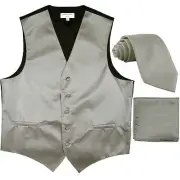 New Men's Horizontal Stripes Tuxedo Vest Waistcoat_tie & hankie Set silver prom