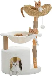 PAWZ Road Modern Cat Tree, Real Wood Cat Tower for Indoor Large Cats, Luxury Cat Furniture with Large Cozy Hammock(Dia=40cm),Spacious Cat Condo,Baskets Perch and Dangling Ball White