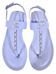 Chanel 22C Purple Patent Silver Chain CC Logo Mule Slide Flat Thong Sandal 37