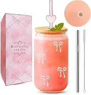 Pink Bow Gift Cup for Women or Teen Girls – 16oz Iced Coffee Glass Tumbler with Matching Heart Straw & Lid – Wide Straw Smoothie Cup for Graduation, Birthday, Best Friend