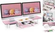 Dual-Computer-Monitor-Stand-Riser For Desk, Expandable Desk Pink With Drawer