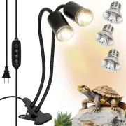 Reptile Heat Lamp Dual Head UVA UVB Clamp Fixture Timer Dimmer + 3 Bulbs 50W