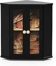 Fulgutonit Corner Bread Box for Kitchen Countertop, Large Wood Bread Storage Container Breadbox for Homemade Bread, Kitchen Counter Bread Bin for Utensil Cans Snacks Storage (Black)