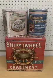 Nautical Style Canisters Set Of 3 Tins Seafood Beach Ocean Vtg Style Metal