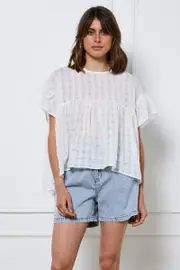 White Top Short Sleeve Crew Neck Linen - Size 14, Women's Peplum