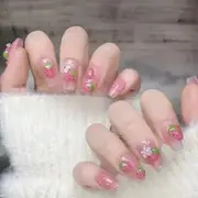 eovda - Print Press On Nail 1400 - Strawberry - White & Pink & Green - XS