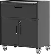 BIZOEIRON Metal Storage Cabinet with Wheels, Lockable Garage Storage Cabinet with 1 Drawer & 2 Doors, Black, 42cm x 75cm x 88cm