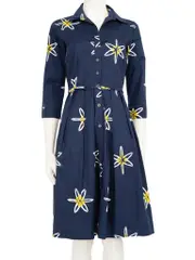 Navy Floral Button Up Knee Length Dress