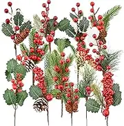 Bacucine Christmas Artificial Pine Picks Christmas Decorations Assorted Floral Picks with Red Berry Pine Needles for Winter Holiday Party Table Décor, 12 Designs