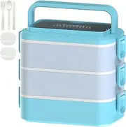 [Kenuket] Bento Box Lunch Box, Adult Container with 3L Large Capacity, Microwave Safe 3 Layers Stackable Leakproof Food Dividers and Sauce Boxes for Kids Adults Blue