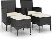 vidaXL Outdoor Furniture Set - 4 Piece Black Poly Rattan Garden Chair and Stool Set with Cream White Seat Cushions