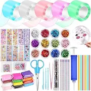 5 Pcs Nano Tape Bubble Kit for Kids, Nano Double Sided Adhesive Gel Grip Traceless Tape with Luxe Glitter, Clay, Beads, Cute Stickers and Accessories Tools for Adult Kids Party Favors Crafts