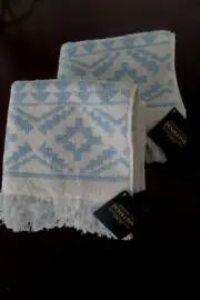 SET OF 2 - New PENDLETON Sundown Aztec FRINGED HAND TOWELS Aqua (Nile Blue)