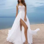New White Floral Lace Off Shoulder Chiffon Maxi Beach Wedding A Line Dress Small