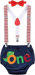 [MYRISAM] Dinosaur Cake Smash Outfit Baby Boys First Birthday Photo Prop ONE Bloomers Suspenders Bow Tie Baby Shower Costume