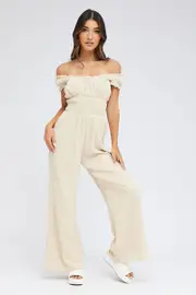 Beige Jumpsuit Short Sleeve Off Shoulder Shirred Cotton - Size 16, Women's Jumpsuit