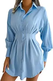 [Suvoiier] Women Long Shirt Turn-Down Collar Single Breasted Lantern Long Sleeve Pleated Waist Tight Dress Shirt