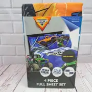 NEW Monster Jam 4-Piece Microfiber Fitted & Flat Sheets, Reversible Pillow Cases