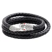 Men's Alloy Snake Head Multilayer Punk Leather Bracelet Serpentine Weave Bangle Chain BLACK-SILVER COLOR