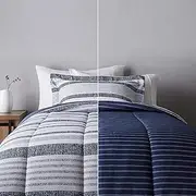 Amazon Basics Ultra-Soft Lightweight Microfiber Reversible Comforter 2-Piece Bedding Set, Twin/Twin XL, Blue Denim/Beige Stripes, Striped