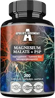 Magnesium Malate 1400 mg per Daily Dose + Vitamin B6 (P-5-P) - 200 Vegan Capsules - 3 Month Supply - Magnesium Malate + Pyridoxal-5-Phosphate - Support Muscle and Bone Health - by Apollo's Hegemony
